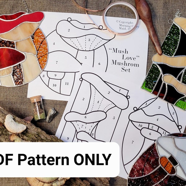 Stained Glass Pattern: "Mush Love" PDF Pattern Set, Stained Glass DIY
