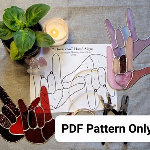 Stained Glass Pattern: &quot;I Love You&quot; Hand Sign Set, PDF Pattern, Stained Glass DIY
