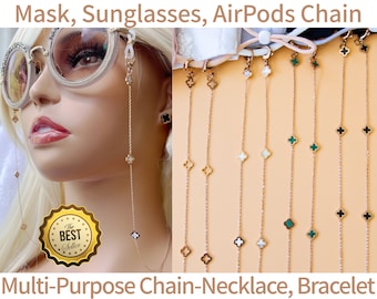 Hypoallergenic Surgical Steel Rose Gold Face Mask Sunglasses AirPods Chain Lanyard Necklace Jewelry Bracelet Anklet Lucky Four Leaf Clover