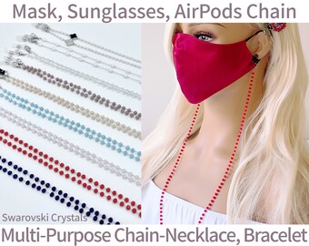 Swarovski Crystals Pearls Face Mask Chain, Hypoallergenic Surgical Steel, Sunglasses Chain, AirPods Holder, Necklace Layered Bracelet Anklet