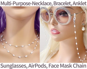 Hypoallergenic Silver Surgical Steel Pearls Necklace Sunglasses Chain AirPods Holder Face Mask Lanyard Jewelry Layered Ankle Bracelet Anklet