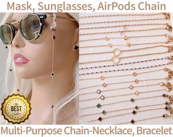 Hypoallergenic Surgical Steel Rose Gold Face Mask Sunglasses AirPods Chain Lanyard Necklace Jewelry Bracelet Anklet Lucky Four Leaf Clover