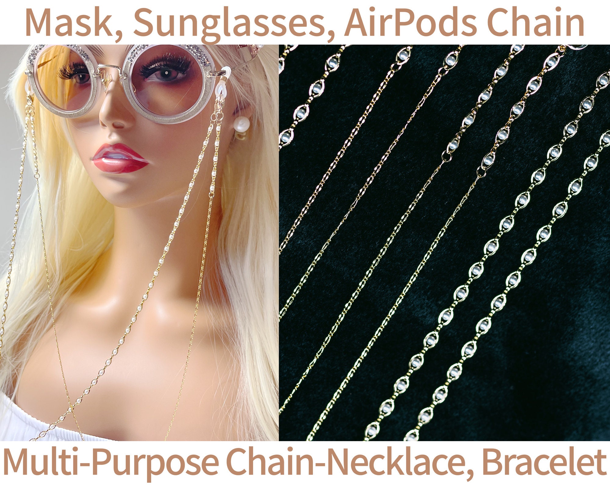 16k Gold Plated Pearl Gold Face Mask Sunglasses AirPods Chain Lanyard Necklace Jewelry Bracelet Anklet Holder Strap Gold Pearl Necklace Sale