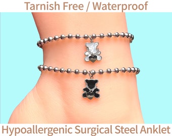 White Mother of Pearl Black Onyx Teddy Bear with its own Love necklace Silver Surgical Stainless Steel Waterproof Ankle Bracelet Anklet