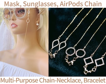 18k Gold Plated CZ Face Mask Sunglasses AirPods Chain Lanyard Necklace Jewelry Bracelet Anklet Holder Strap Cubic Zirconia Charm Water Drop