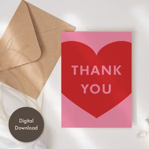 Tarjeta de agradecimiento, tarjeta de agradecimiento con forma de corazón, gracias en rojo y rosa, tarjeta de gratitud, nota de gratitud imprimible, tarjeta de agradecimiento digital, gracias en negrita