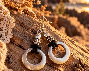 Silver Ring Dangle Earrings, Leather Accents, Boho Tribal Jewelry