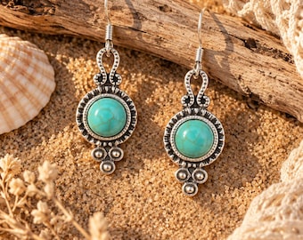 Turquoise Dangle Earrings, Silver Western Jewelry, Boho Statement Style, Southwestern Bohemian Design