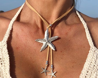 Starfish Lariat Necklace, Boho Summer Beach Jewelry