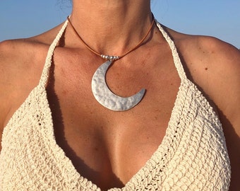 Boho Moon Choker Necklace, Silver Crescent Pendant, Summer Beach Jewelry, Minimal Leather Piece