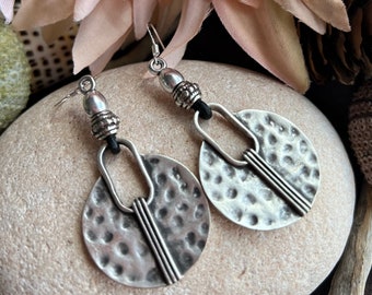 Sterling Silver and Leather Boho Earrings, Handmade Custom Jewelry, Hammered Design, Personalized Jewelry, Bohemian Style