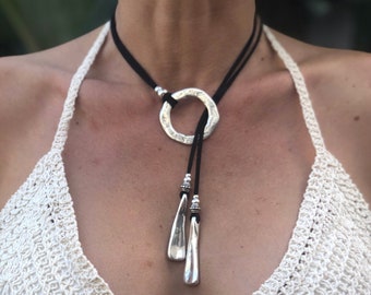 Böhmische Halskette, Y-Halskette, Lariat-Halskette, Lederketten für Frauen, Anhänger-Halskette, Boho-Halskette, Lederhalskette