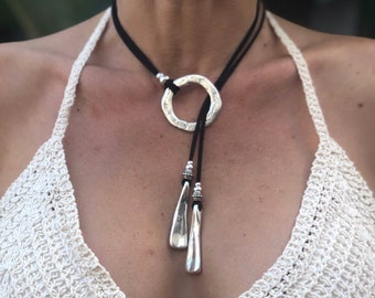 Boho Circle Lariat Necklace – Leather Silver Pendant, Mothers Day Gift