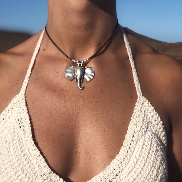 Elephant pendant necklace, choker necklace, african jewelry, bohemian necklaces, leather necklaces, boho jewelry, handmade jewelry