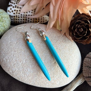 Può includere: Un paio di orecchini pendenti color turchese con ganci d'argento. Gli orecchini sono lunghi e sottili, con una punta appuntita. Sono mostrati su una pietra blu chiaro.