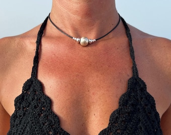 Silver Leather Choker Necklace, Minimal Beaded Jewelry, Timeless Boho Piece