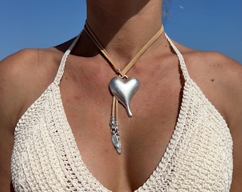 Boho Hjärthalsband – Läder Lariat Silverhänge, Mors Dag-present