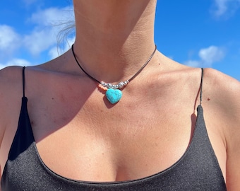 HEART Turquoise Leather Necklace, Handmade Jewelry, hippie jewelry, bohemian necklaces, leather necklaces, boho jewelry, leather choker