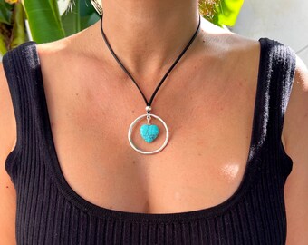 Turquoise Pendant Necklace, Statement Bohemian Necklace, Leather Necklaces for Women, Boho Necklace, Leather Necklace, Long Necklace Boho