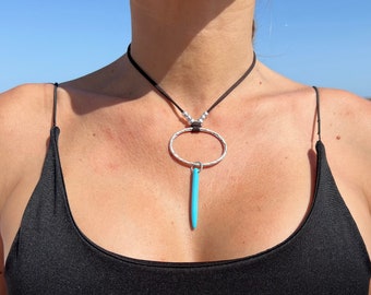 Turquoise Leather Necklace, Turquoise jewelry silver bohemian jewelry for woman, boho jewelry choker necklace, leather necklaces