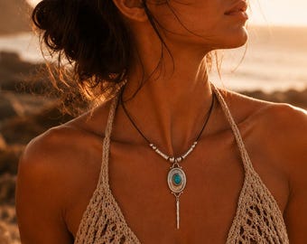 Turquoise Pendant Necklace for Women, Boho Leather Necklace, Western Turquoise Jewelry, Tribal Silver Pendant, Handmade Bohemian Gift