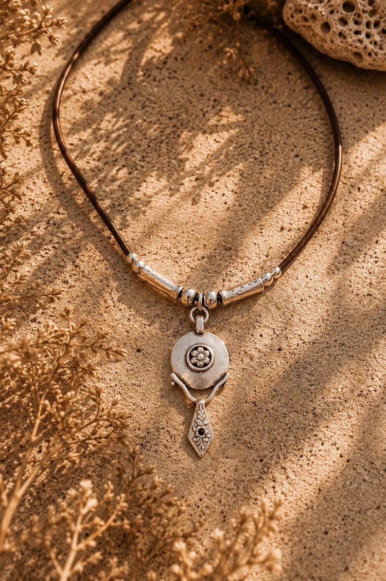 May include: A necklace featuring a dark brown leather cord with silver-toned metal beads and a central pendant. The pendant consists of a circular disc with a small flower motif, connected to a dangling, diamond-shaped charm with leaf engravings.
