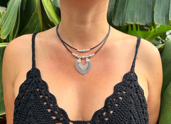 Boho Ethnic Silver Pendant Genuine Leather Choker Necklace - Unique Handcrafted Jewelry for a Chic Bohemian Look - Boho Choker Necklace