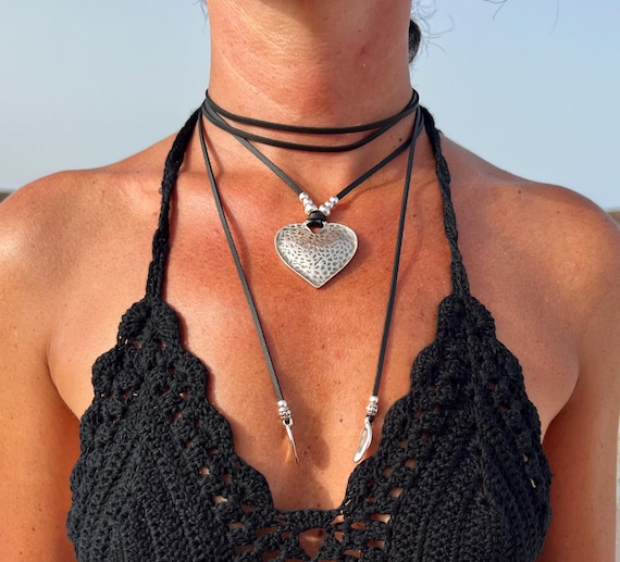 BOHO Leather Wrap Necklace Silver Hammered Heart Pendant, Handmade Bohemian Jewelry, Ethnic Silver Pendant, Bohemian Style, Gift for her