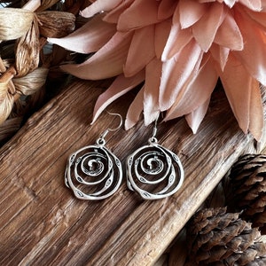 Può includere: Un paio di orecchini d'argento con un design a spirale. Gli orecchini sono su una superficie di legno con un fiore rosa sullo sfondo.