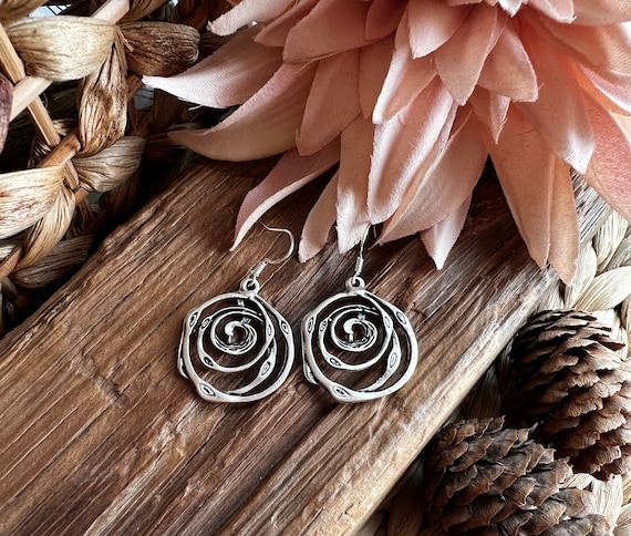 Statement Spiral dangle hook earrings, sterling silver earring hoops, bohemian drop earrings, boho jewelry, boho earring