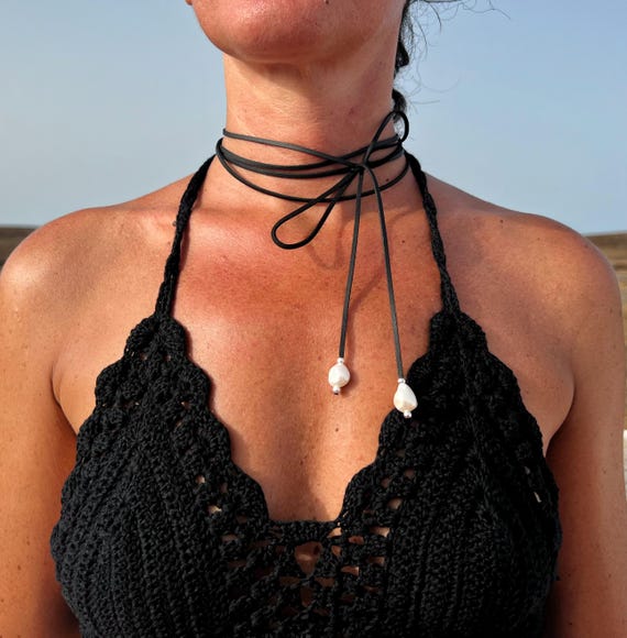 HANDMADE Leather Pearls Pendant Necklace, Boho Wrap Style, Elegant Design, Versatile Look, Elegant Statement Jewelry, Unique Gift
