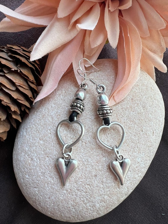 Heart dangle hoop earrings, sterling silver earrings hook, bohemian drop earrings, boho jewelry, boho earring, handmade jewerly