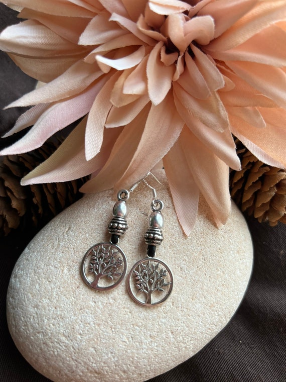 Statement Tree of Life dangle hoop earrings, sterling silver earrings hook, bohemian drop earrings, boho jewelry, boho earring