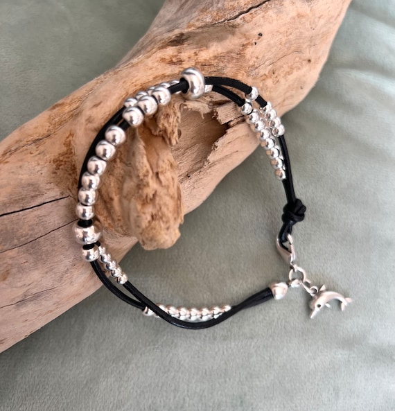 Boho Leather Anklet or Bracelet – Custom Fit with Silver Dolphin Charm – Handmade Summer Jewelry for Women, Adjustable Beach Accessory