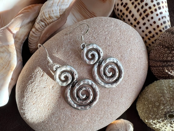 Statement Spiral dangle hoop earrings, sterling silver earring hoops, bohemian drop earrings, boho jewelry, boho earrings, handmade jewelry