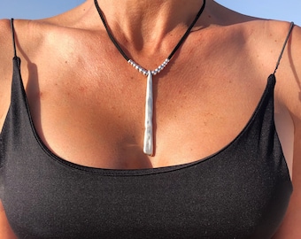 Long Leather Pendant Necklace, Minimal Boho Jewelry
