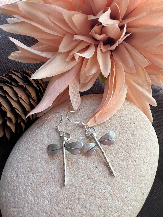 Dragonfly dangle hoop earrings, sterling silver earring hoops, bohemian drop earrings, boho jewelry, boho earring, handmade jewelry