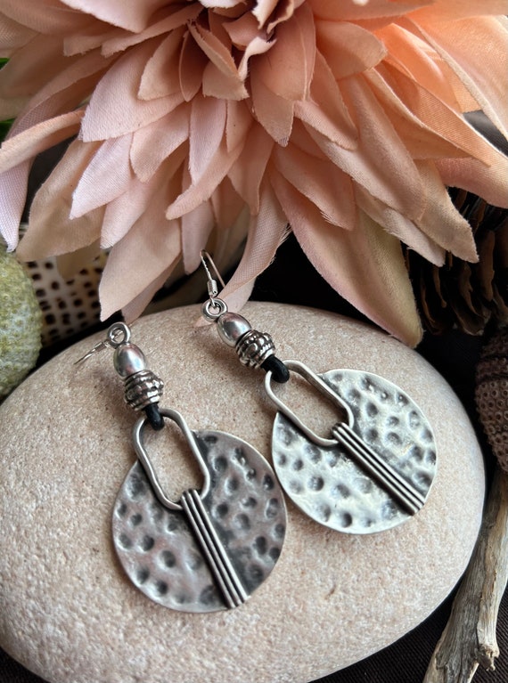 Sterling Silver and Leather Boho Earrings, Handmade Custom Jewelry, Hammered Design, Personalized Jewelry, Bohemian Style