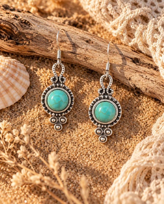 Turquoise Dangle Earrings, Silver Western Jewelry, Boho Statement Style, Southwestern Bohemian Design