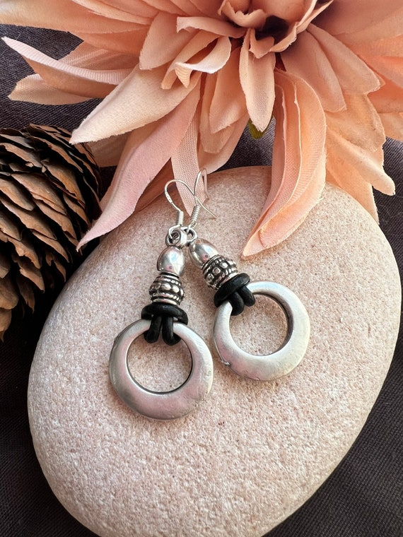 BOHO EARRINGS, Statement dangle hoop earrings, sterling silver earrings hook, bohemian drop earrings, boho jewelry, leather earrings