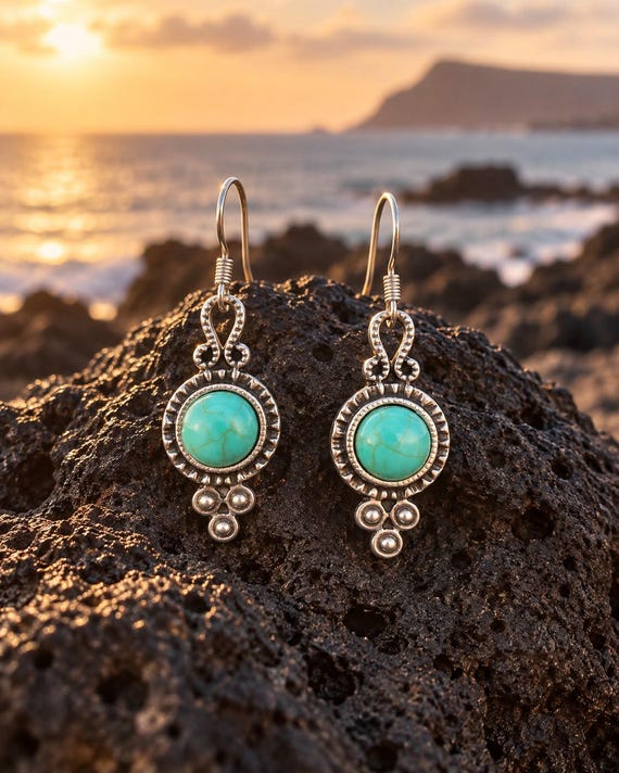 Turquoise Stone Dangle Earrings, Boho Silver Jewelry, Western Statement Style