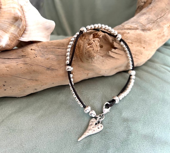 Boho Leather Anklet with Silver Hearts Pendants, Silver Hearts Boho Leather Anklet, Summer Jewelry for Beach Lovers, Handmade Jewelry