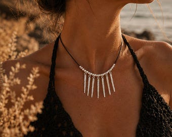 Tribal Leather Necklace, Boho Pendant Jewelry, Hippie Choker, Festival Necklace, Artisan Gift for Her, Handmade Bohemian Jewelry