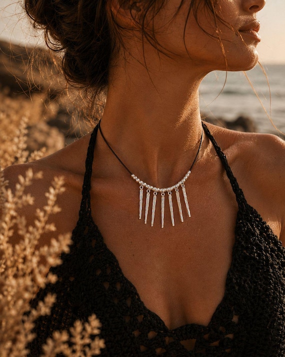 Tribal Leather Necklace, Boho Pendant Jewelry, Hippie Choker, Festival Necklace, Artisan Gift for Her, Handmade Bohemian Jewelry