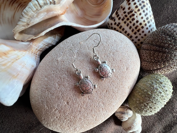 Lucky Turtle, Boho Dangle Hoop Earrings, Sterling Silver, Beach Jewelry, Turtle Jewelry, Boho Jewelry, Boho Earrings, a Turtle Charms