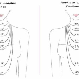 Op de afbeelding: Een diagram dat verschillende kettinglengtes in inches en centimeters laat zien. Het diagram toont de torso van een vrouw met een reeks kettingen van verschillende lengtes, gelabeld met metingen in inches aan de linkerkant en centimeters aan de rechterkant.