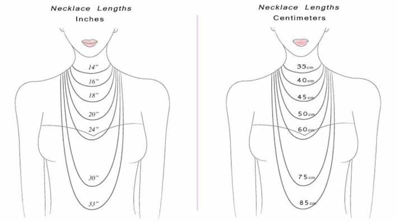 Op de afbeelding: Een diagram dat verschillende kettinglengtes in inches en centimeters laat zien. Het diagram toont de torso van een vrouw met een reeks kettingen van verschillende lengtes, gelabeld met metingen in inches aan de linkerkant en centimeters aan de rechterkant.