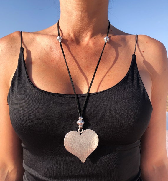 Heart Pendant Necklace, Statement Bohemian Necklace, Leather Necklaces for Women, Boho Necklace, Leather Cord Necklace, Long Necklace Boho