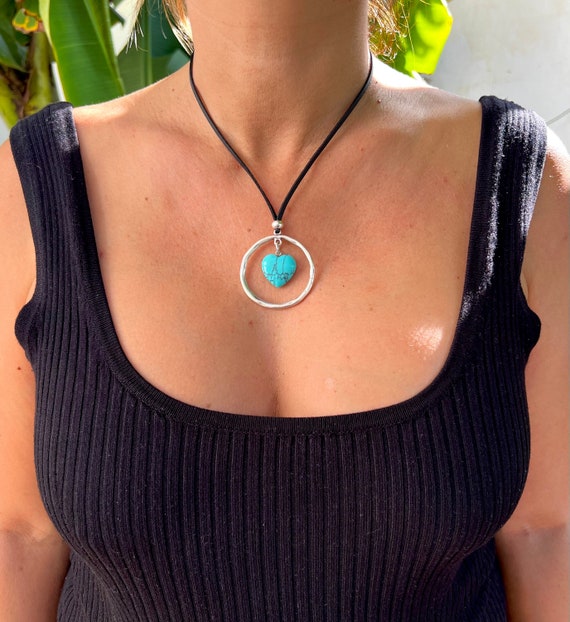 Turquoise Pendant Necklace, Statement Bohemian Necklace, Leather Necklaces for Women, Boho Necklace, Leather Necklace, Long Necklace Boho