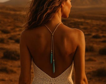 Back Necklace Boho – Turquoise Lariat Jewelry • Custom Size Leather Necklace • Bohemian Jewelry for Women • Gift for Her